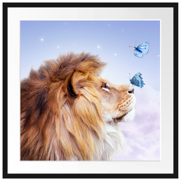 Löwe mit blauen Schmetterlingen Passepartout Quadratisch 70