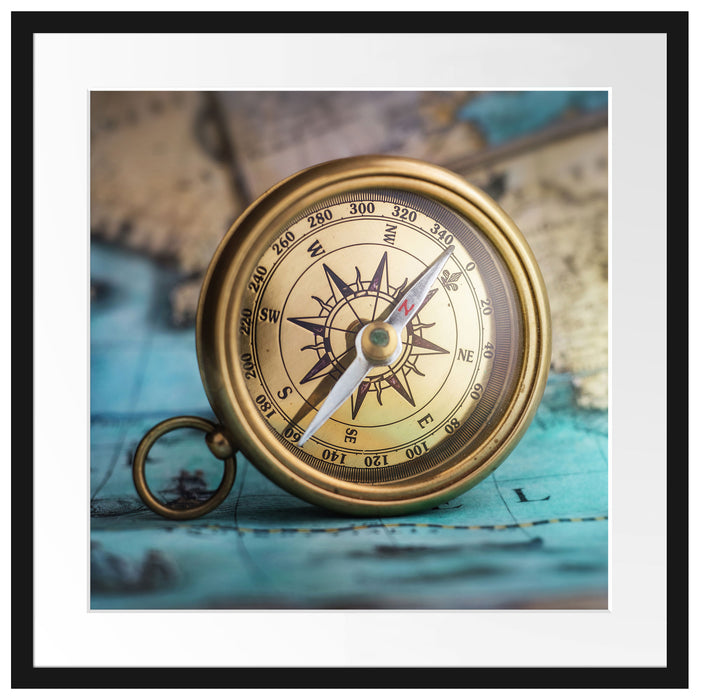 Alter Kompass auf Weltkarte Passepartout Quadratisch 55
