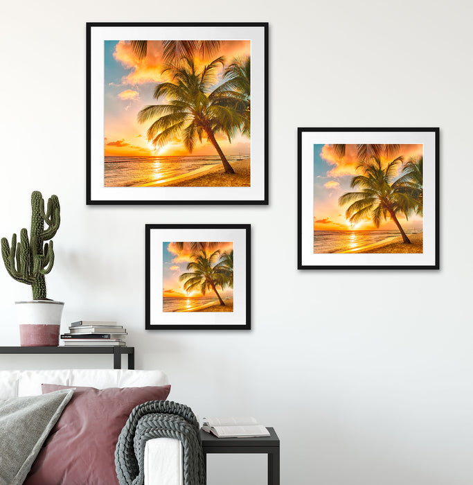 Palmen im Sonnenuntergang auf Barbados Passepartout Wohnzimmer Quadratisch