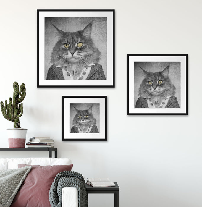 Katzenkopf mit Menschenkörper Blazer B&W Detail Passepartout Wohnzimmer Quadratisch