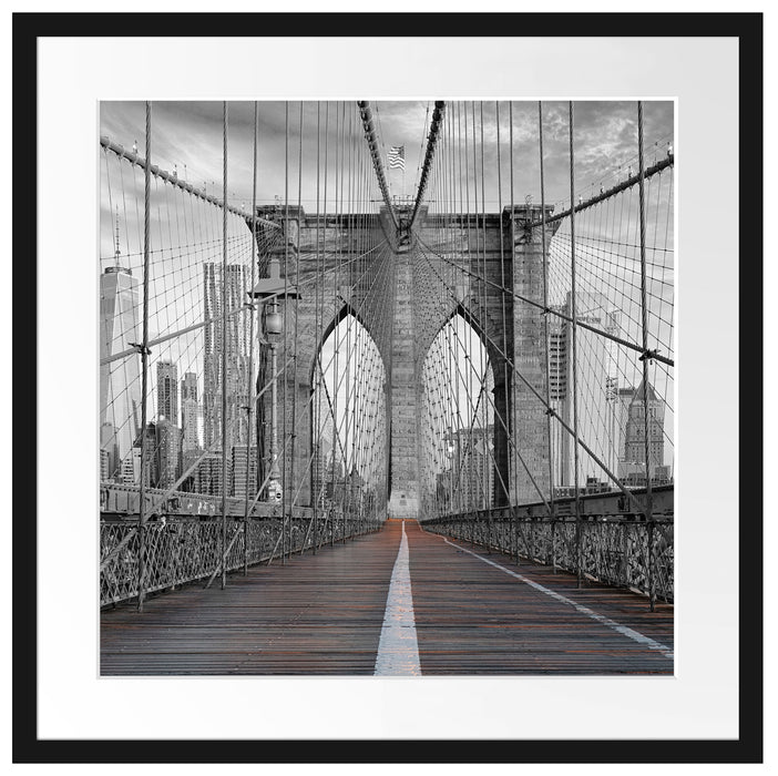 Leere Brooklyn Bridge in New York City B&W Detail Passepartout Quadratisch 55