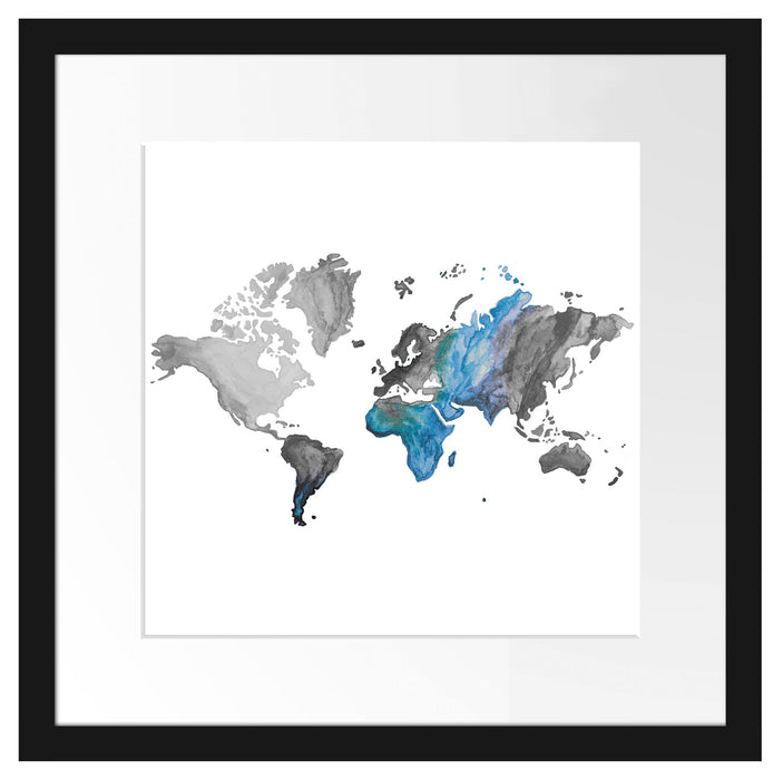 Bunte Weltkarte in Aquarell-Farben B&W Detail Passepartout Quadratisch 40