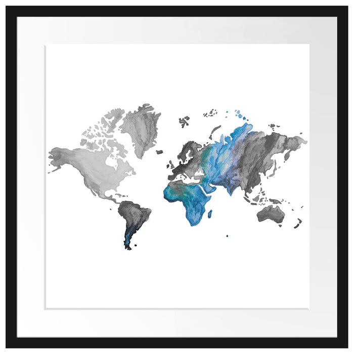 Bunte Weltkarte in Aquarell-Farben B&W Detail Passepartout Quadratisch 55