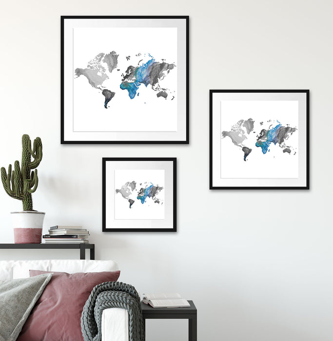 Bunte Weltkarte in Aquarell-Farben B&W Detail Passepartout Wohnzimmer Quadratisch