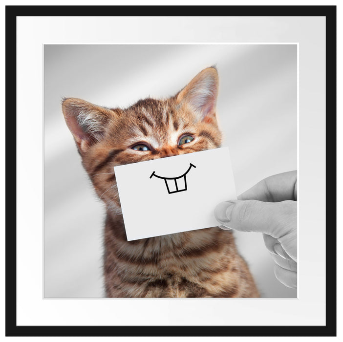 Lustige Katze mit Lächeln auf Papier B&W Detail Passepartout Quadratisch 55