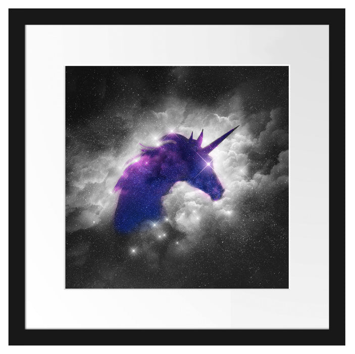 Einhorn Silhouette Galaxie B&W Detail Passepartout Quadratisch 40