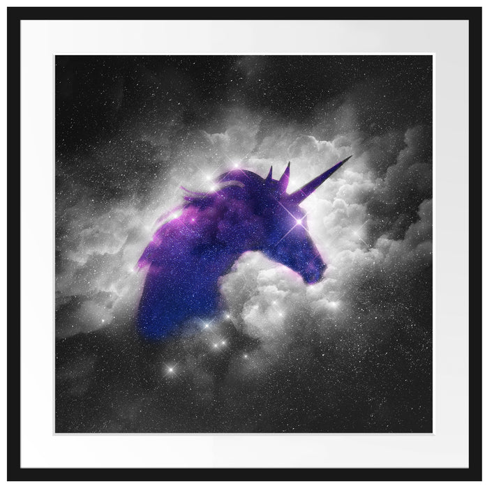 Einhorn Silhouette Galaxie B&W Detail Passepartout Quadratisch 70
