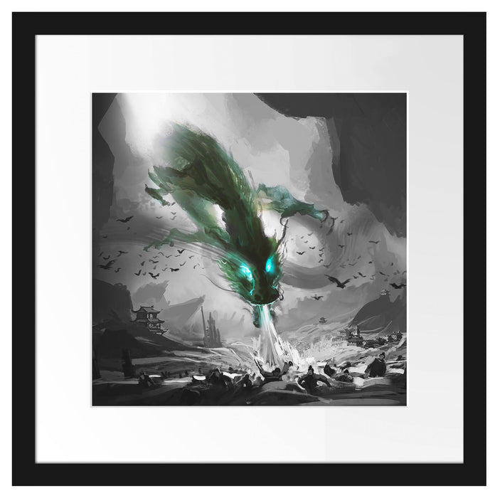 Böser Wasserdrache greift Dorf an B&W Detail Passepartout Quadratisch 40