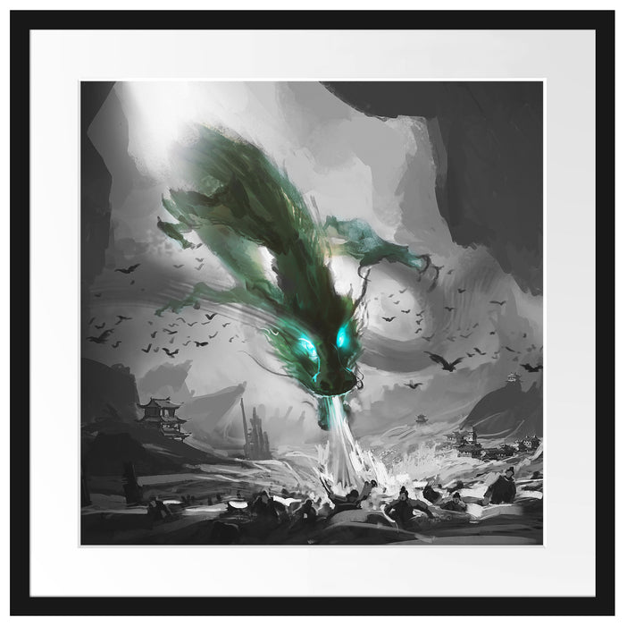 Böser Wasserdrache greift Dorf an B&W Detail Passepartout Quadratisch 55