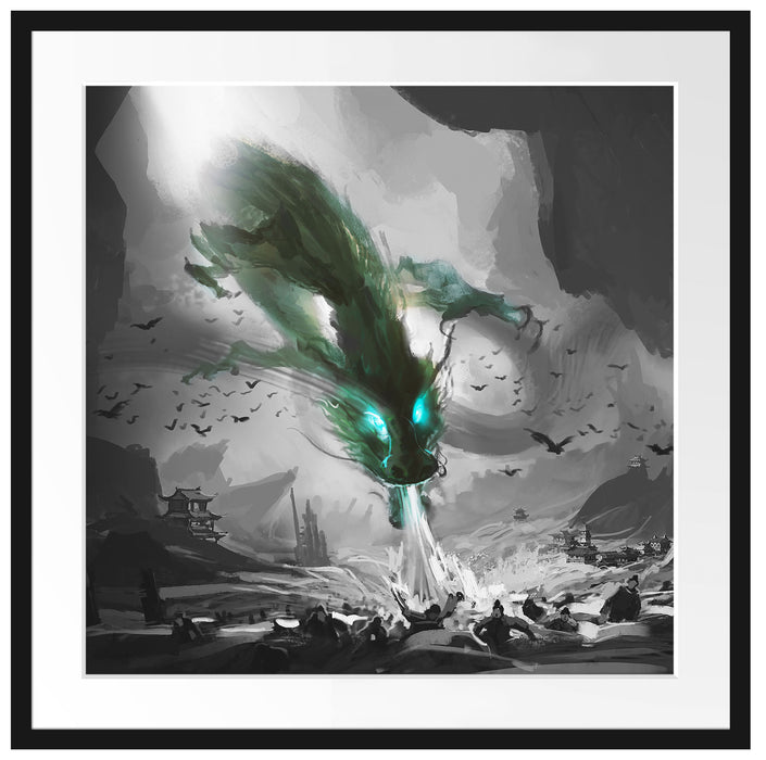 Böser Wasserdrache greift Dorf an B&W Detail Passepartout Quadratisch 70