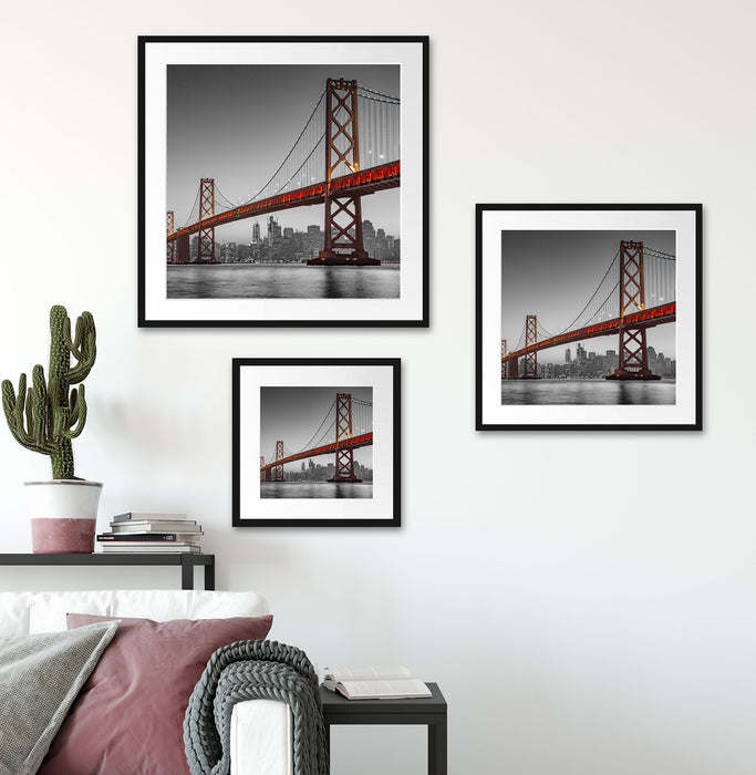 Oakland Bay Brücke bei Sonnenuntergang B&W Detail Passepartout Wohnzimmer Quadratisch