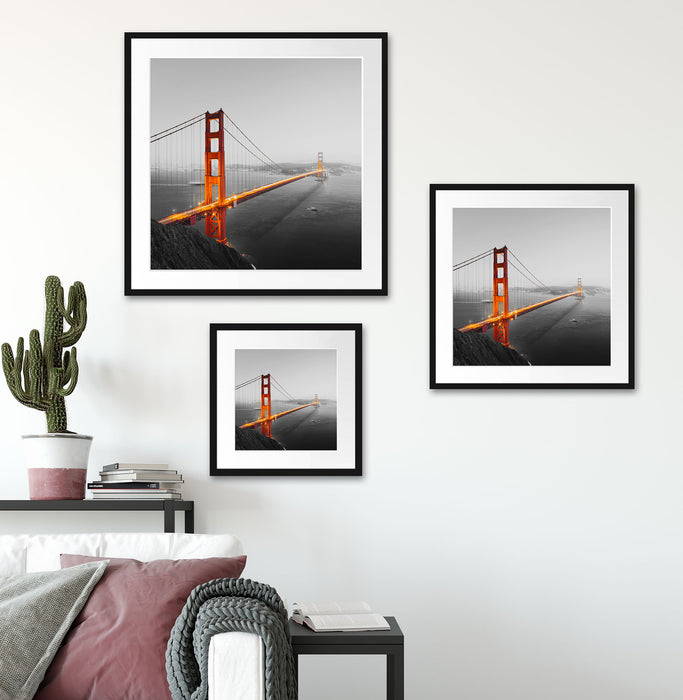 Golden Gate Bridge in der Abenddämmerung B&W Detail Passepartout Wohnzimmer Quadratisch