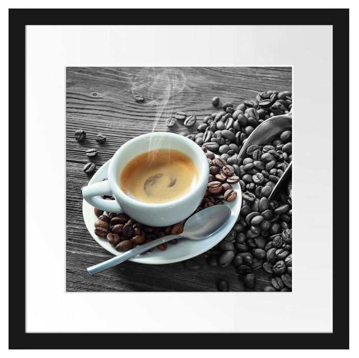 Espressotasse mit Kaffeebohnen B&W Detail Passepartout Quadratisch 40