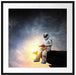 Lesender Astronaut auf Vorsprung vor Galaxie B&W Detail Passepartout Quadratisch 70