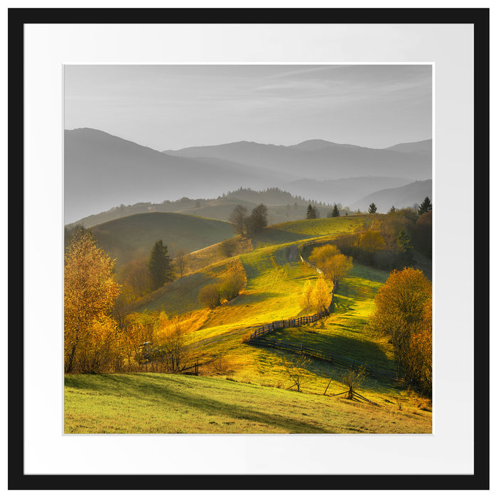 Hügelige Herbstlandschaft bei Sonnenuntergang B&W Detail Passepartout Quadratisch 55