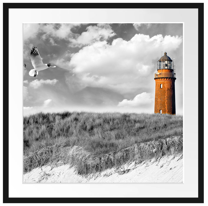 Möwen fliegen am Meer vor Leuchtturm B&W Detail Passepartout Quadratisch 70