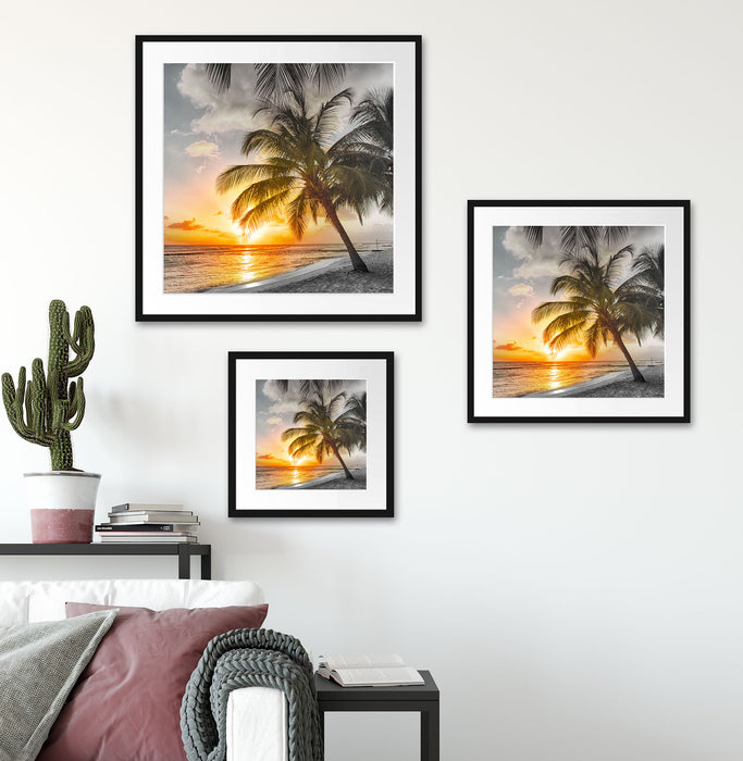 Palmen im Sonnenuntergang auf Barbados B&W Detail Passepartout Wohnzimmer Quadratisch