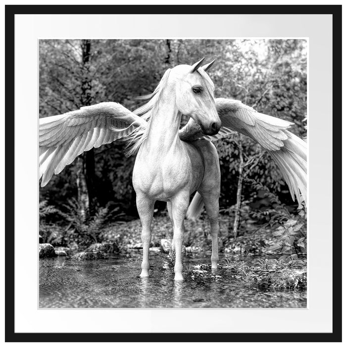 Pegasus im Fluss eines Herbstwaldes, Monochrome Passepartout Quadratisch 70