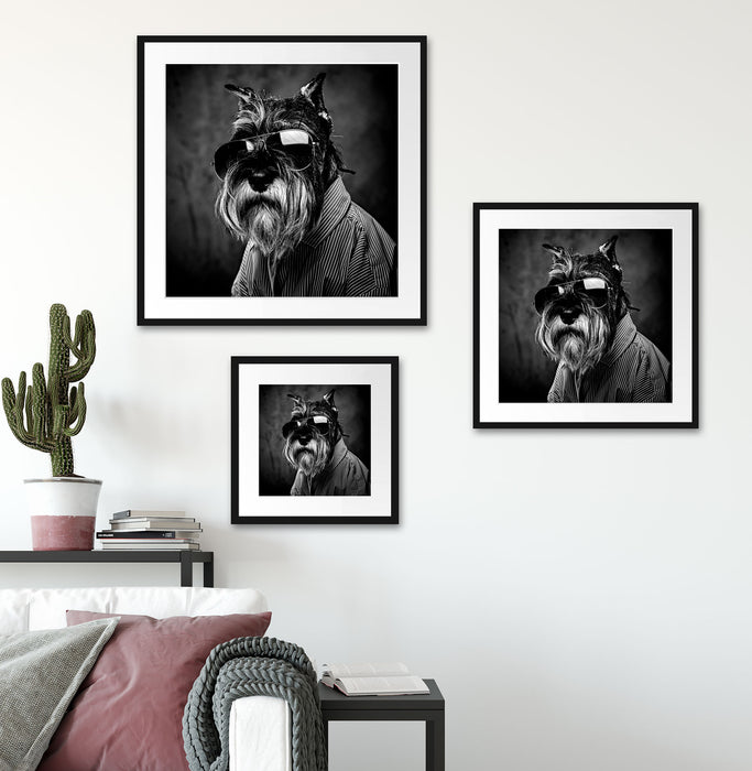 Lustiger Hund mit Hemd und Sonnenbrille, Monochrome Passepartout Wohnzimmer Quadratisch