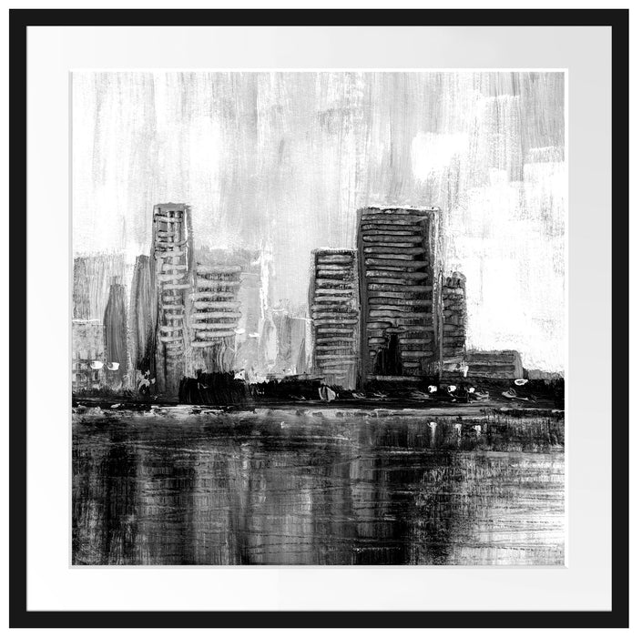Abstraktes Ölgemälde einer Skyline, Monochrome Passepartout Quadratisch 70
