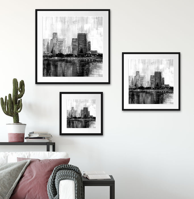 Abstraktes Ölgemälde einer Skyline, Monochrome Passepartout Wohnzimmer Quadratisch