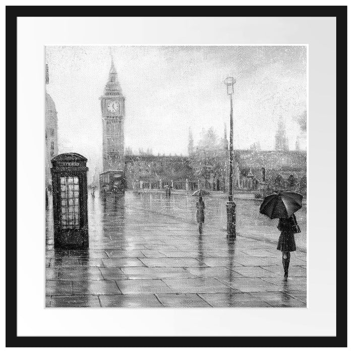 Regentag in London mit Big Ben, Monochrome Passepartout Quadratisch 55