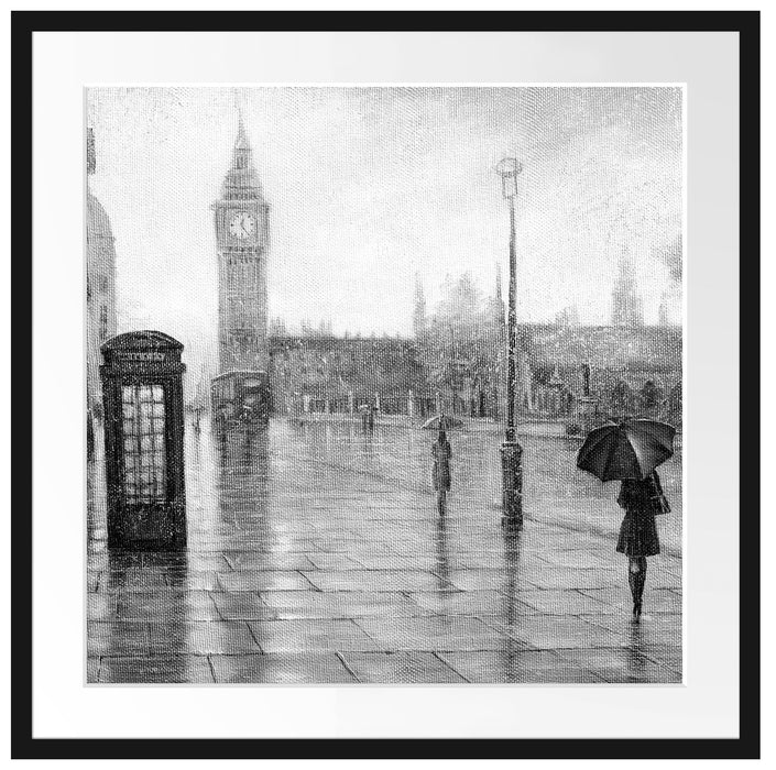 Regentag in London mit Big Ben, Monochrome Passepartout Quadratisch 70