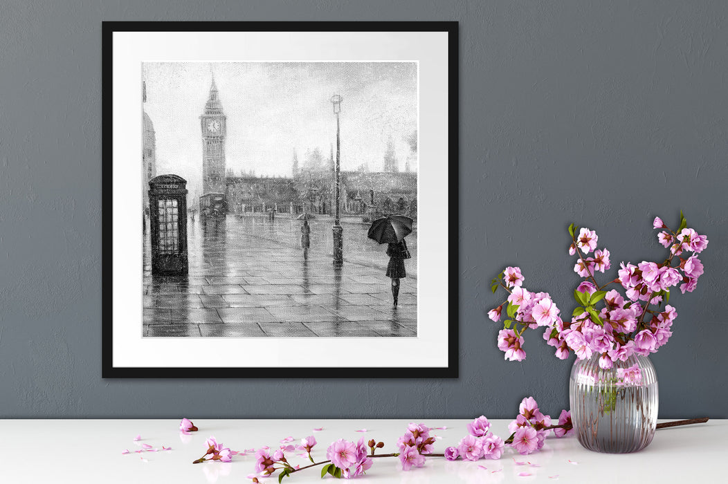 Regentag in London mit Big Ben, Monochrome Passepartout Detail Quadratisch