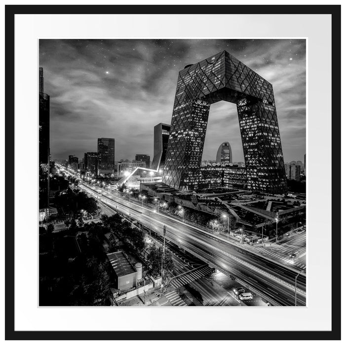 Straßenlichter bei Nacht in Peking, Monochrome Passepartout Quadratisch 70