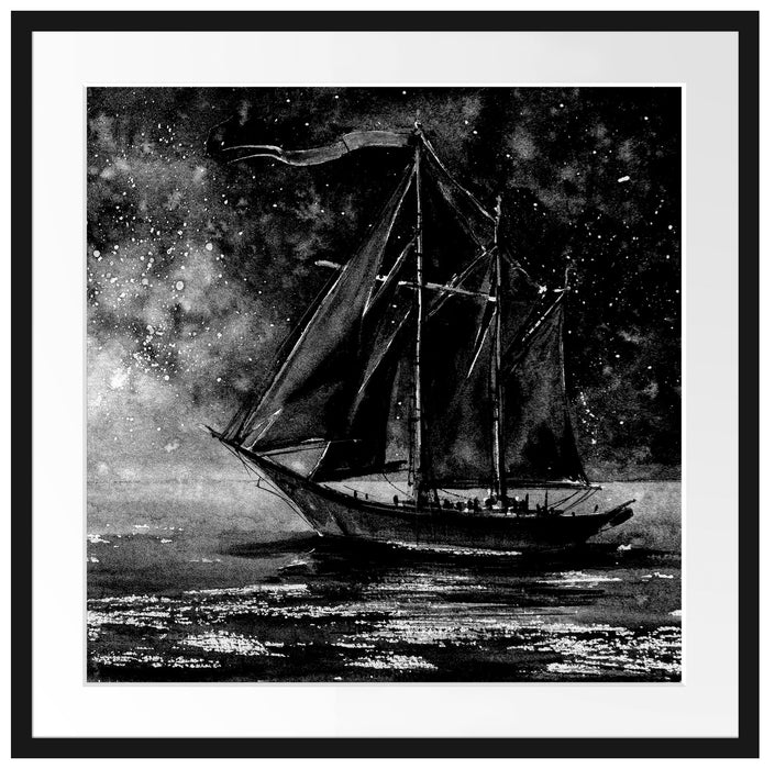 Rotes Segelboot in Sternenheller Nacht, Monochrome Passepartout Quadratisch 70