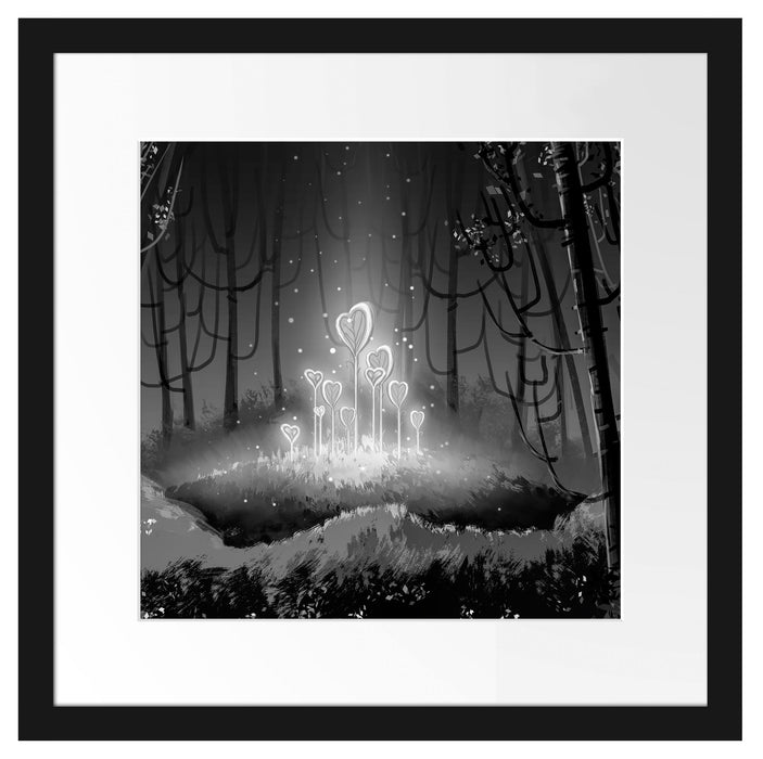 Leuchtende Zauberblumen im Wald, Monochrome Passepartout Quadratisch 40