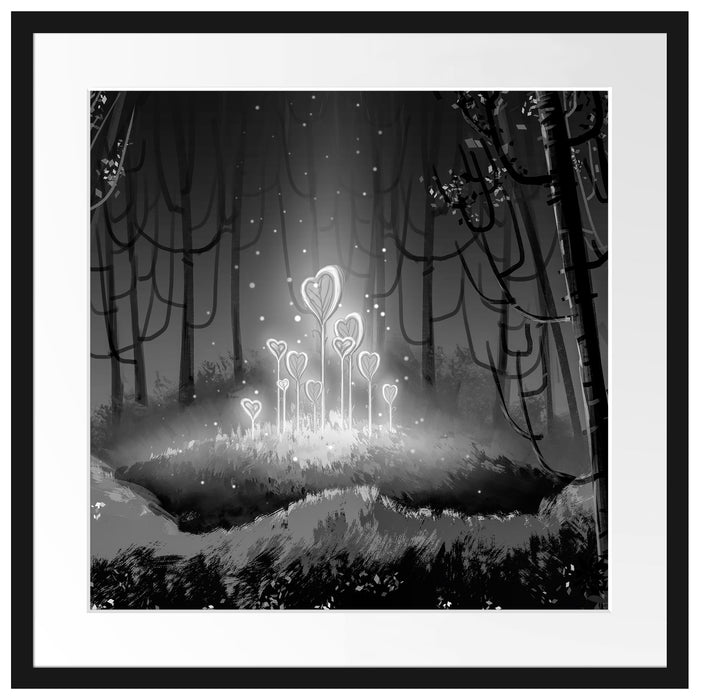 Leuchtende Zauberblumen im Wald, Monochrome Passepartout Quadratisch 55
