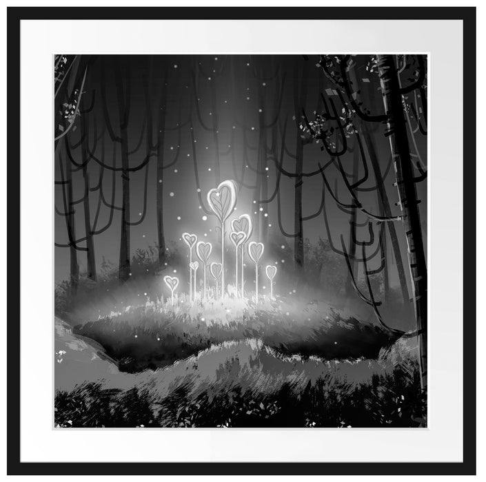 Leuchtende Zauberblumen im Wald, Monochrome Passepartout Quadratisch 70