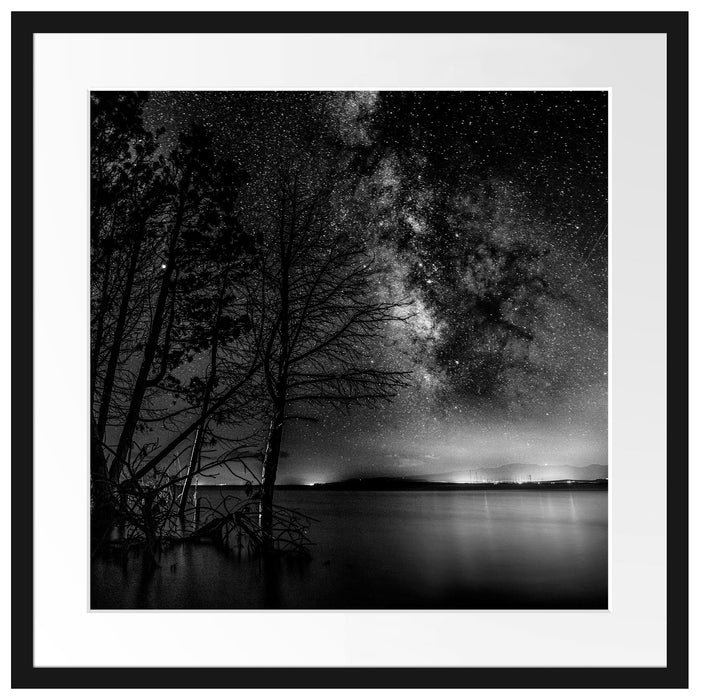 Bäume am See in sternenklarer Nacht, Monochrome Passepartout Quadratisch 55