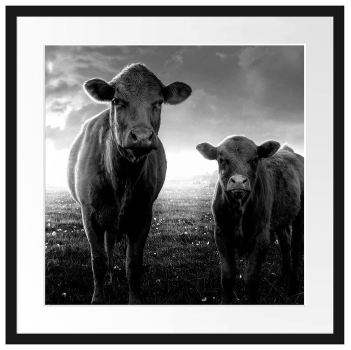 Kuh und Kalb im Sonnenuntergang auf Wiese, Monochrome Passepartout Quadratisch 55