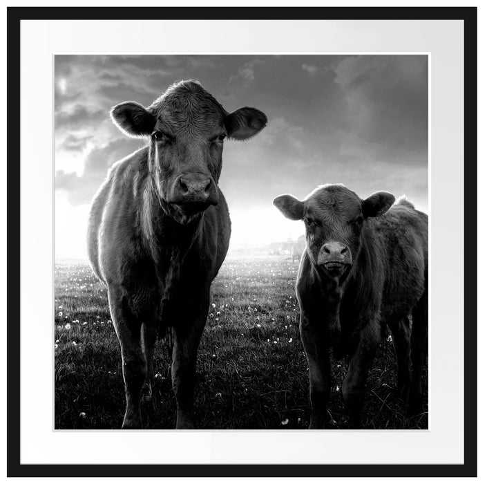 Kuh und Kalb im Sonnenuntergang auf Wiese, Monochrome Passepartout Quadratisch 70