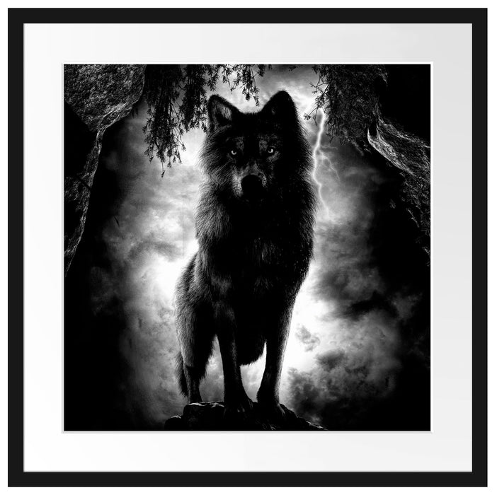 Böser Wolf bei Gewitter im Höhleneingang, Monochrome Passepartout Quadratisch 55