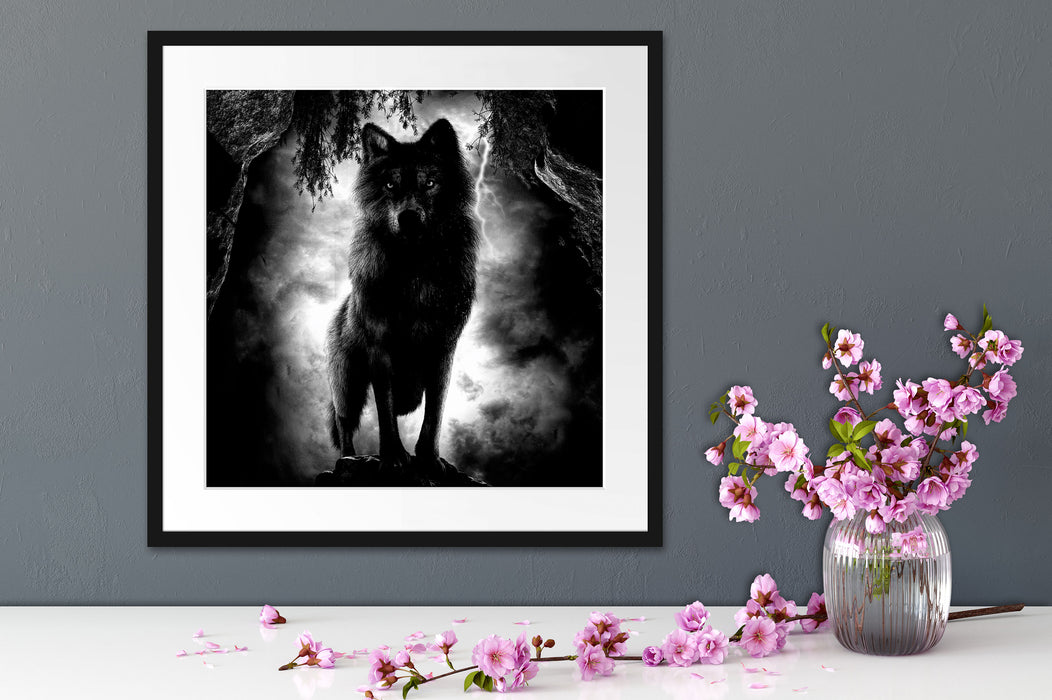 Böser Wolf bei Gewitter im Höhleneingang, Monochrome Passepartout Detail Quadratisch