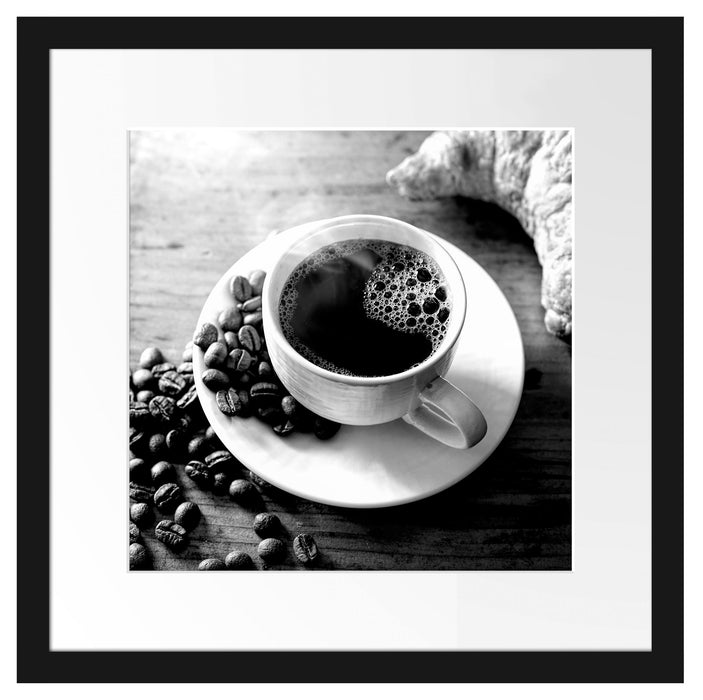 Tasse Kaffee mit Bohnen und Croissant, Monochrome Passepartout Quadratisch 40