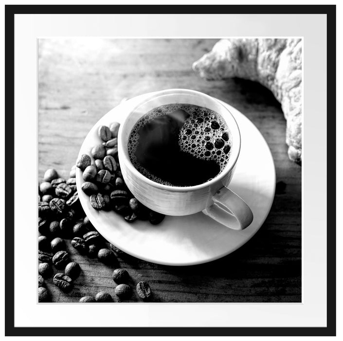 Tasse Kaffee mit Bohnen und Croissant, Monochrome Passepartout Quadratisch 70