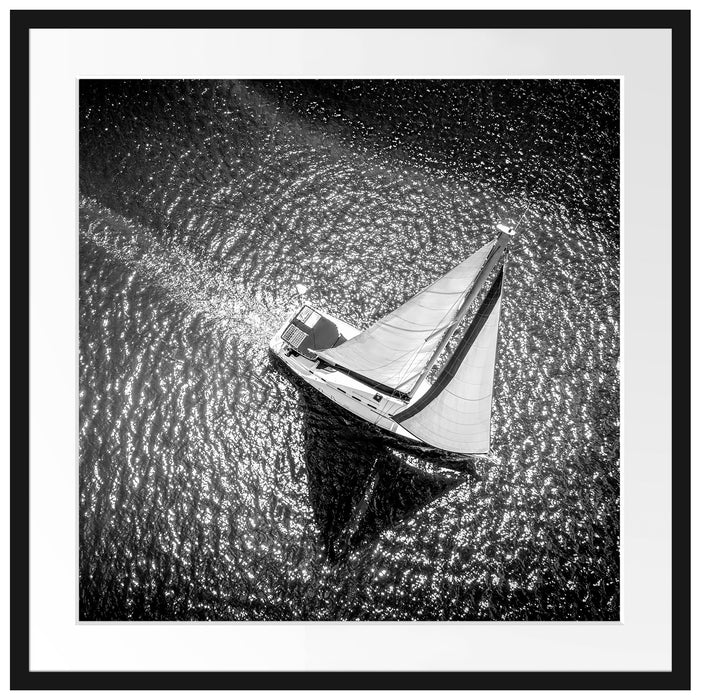Einsames Segelboot auf dem Meer, Monochrome Passepartout Quadratisch 70