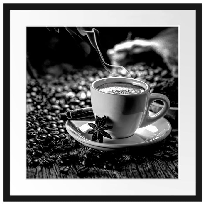 Kaffeetasse mit Bohnen auf Holztisch, Monochrome Passepartout Quadratisch 55
