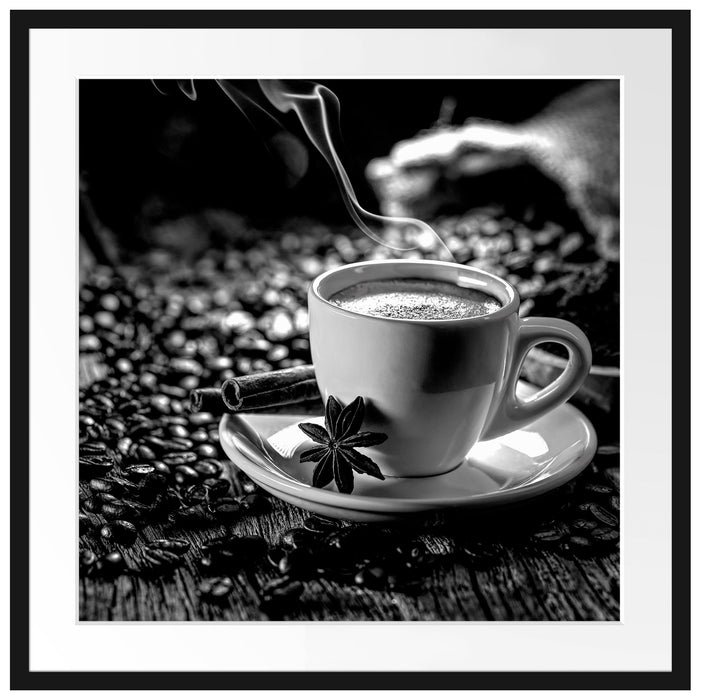 Kaffeetasse mit Bohnen auf Holztisch, Monochrome Passepartout Quadratisch 70
