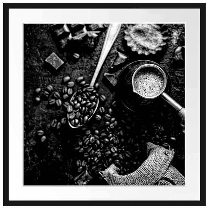 Kaffeebohnen und Schokolade von oben, Monochrome Passepartout Quadratisch 70