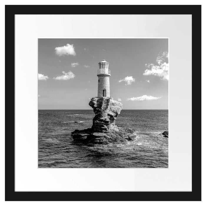 Leuchtturm auf kleiner Insel im Meer, Monochrome Passepartout Quadratisch 40