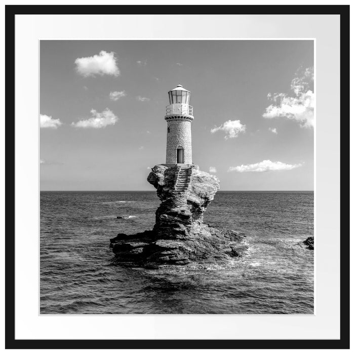 Leuchtturm auf kleiner Insel im Meer, Monochrome Passepartout Quadratisch 70