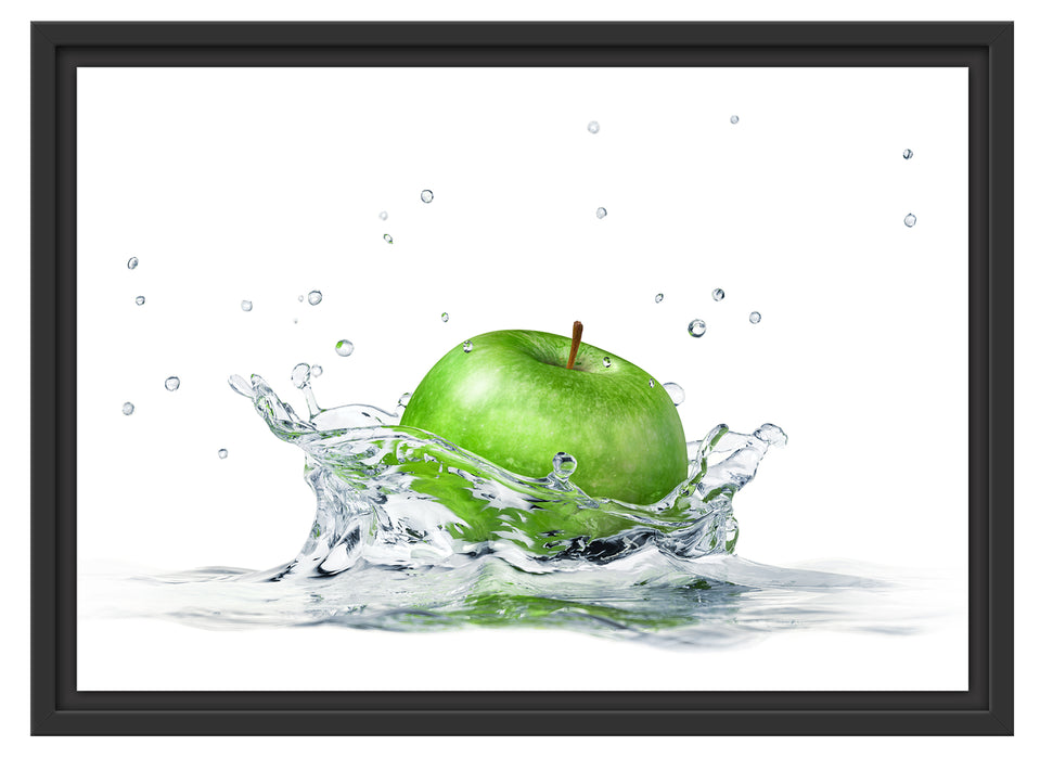 Grüner Apfel fällt in Wasser Schattenfugenrahmen 55x40