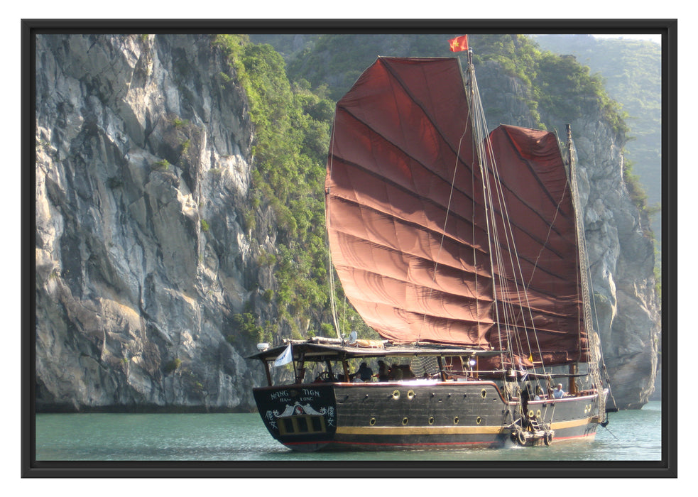 Pixxprint Segelschiff im Sonnenuntergang, im Schwebe-Effekt Bilderrahmen