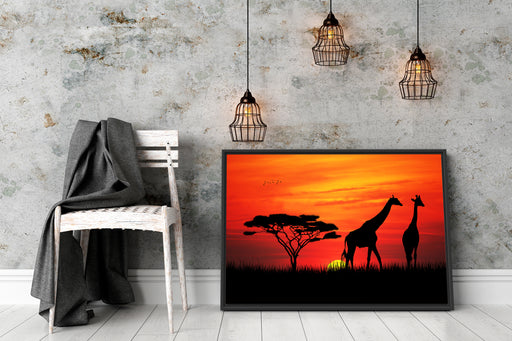 Afrika Giraffen im Sonnenuntergang Schattenfugenrahmen Wohnzimmer