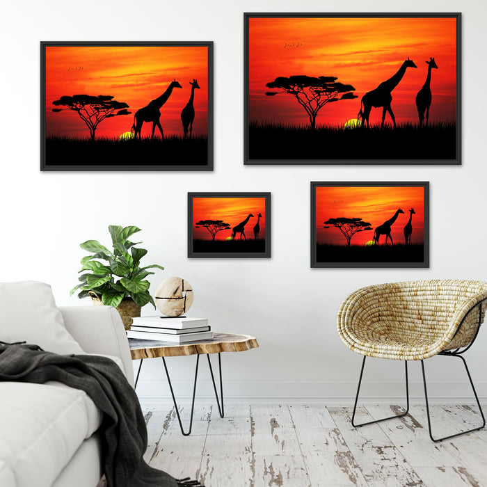 Afrika Giraffen im Sonnenuntergang Schattenfugenrahmen Dekovorschlag